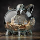 Glass Piggy Bank With Coins And House. Mortgage, Savings For Rea